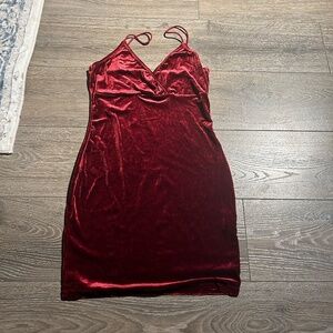 Women's Spaghetti Strap V Neck Velvet Short Bodycon Dress Burgundy M